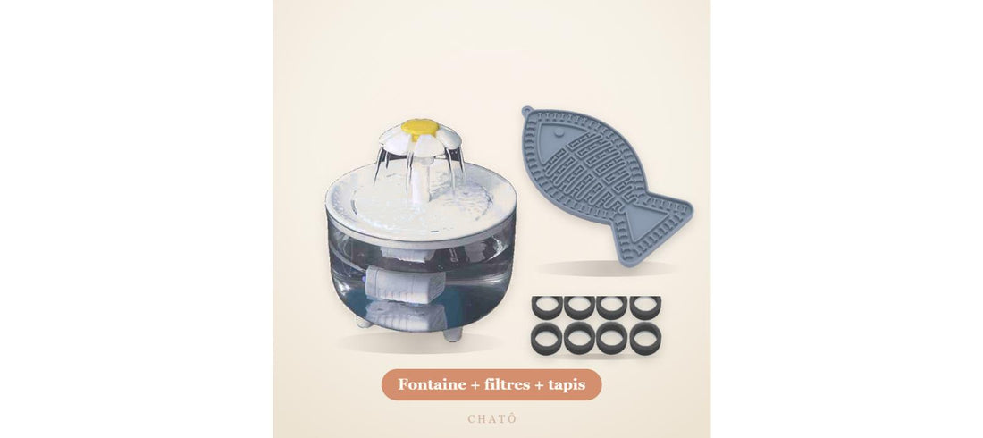 Pack Nouvelle Fontaine Chatô : fontaine, filtres et tapis de léchage