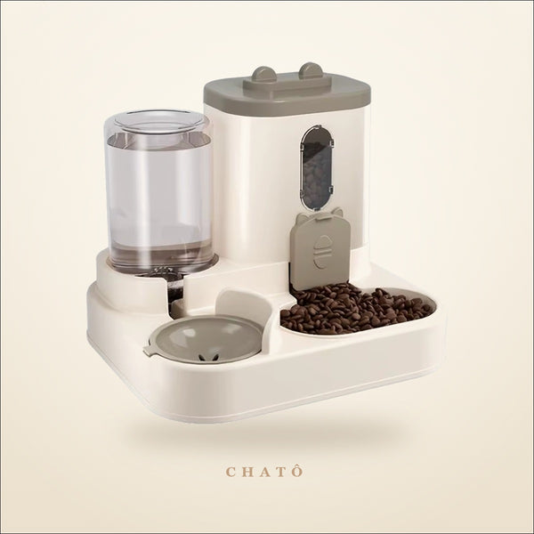 Distributeur 2 en 1 Chatô crème : réservoir d'eau, trémie à croquettes et deux gamelles