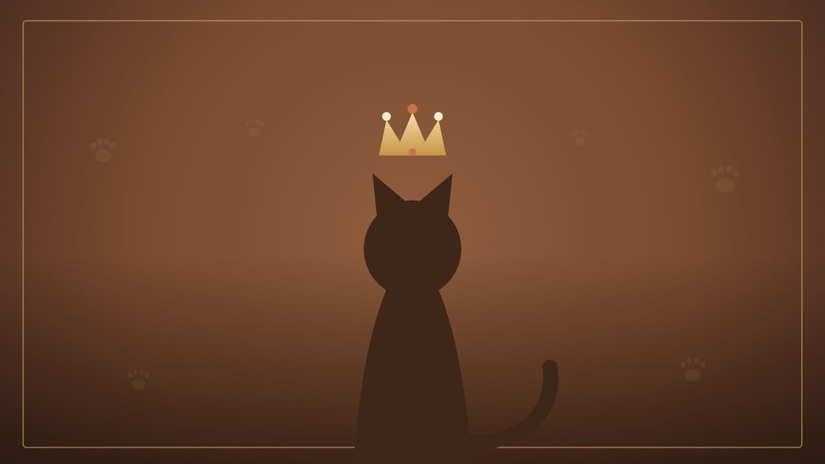Chatô — silhouette de chat couronné sur fond terracotta