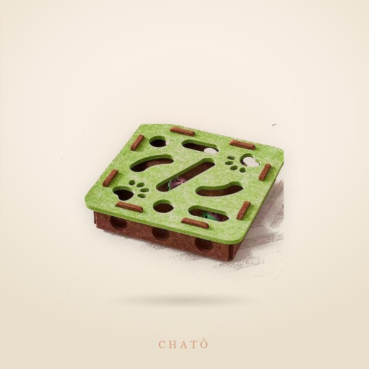 Jouet puzzle Chatô anti-ennui, plateau en bois et feutre 30 x 30 cm