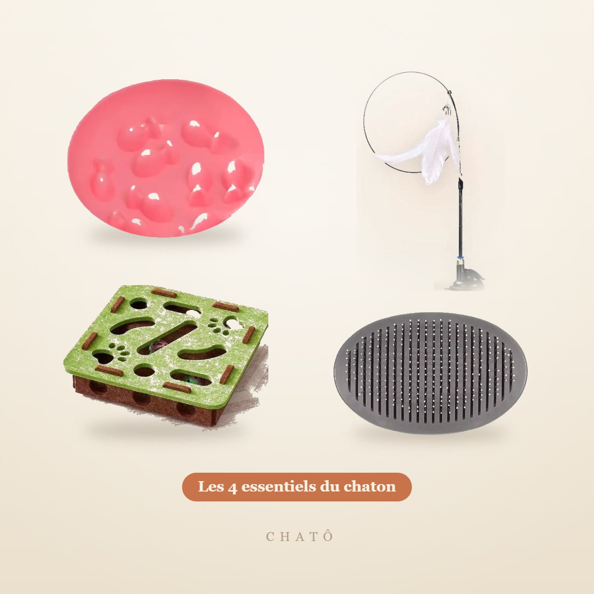 Kit Chaton Chatô : gamelle anti-glouton, jouet à plumes, jouet puzzle et brosse auto-nettoyante