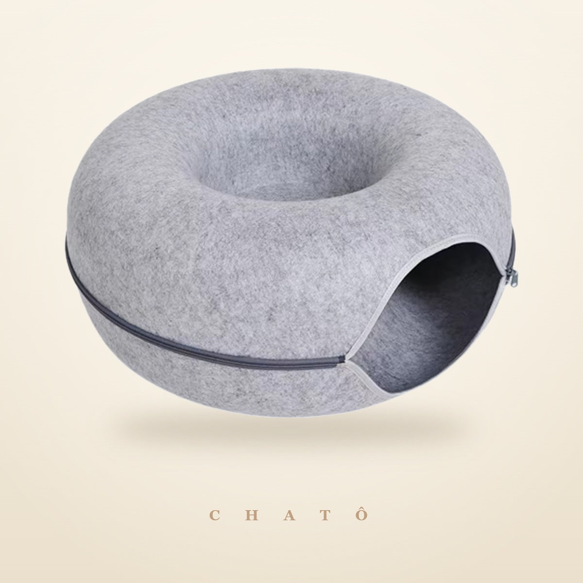 Nid tunnel en feutre gris clair Chatô, 50 cm, avec fermeture à glissière