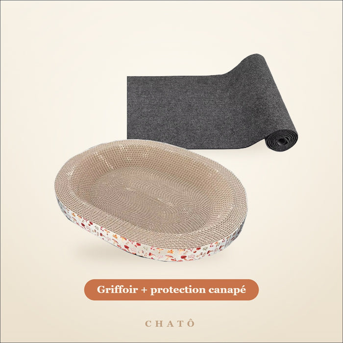 Pack Griffades Chatô : griffoir carton nid ovale et tapis à gratter adhésif en rouleau